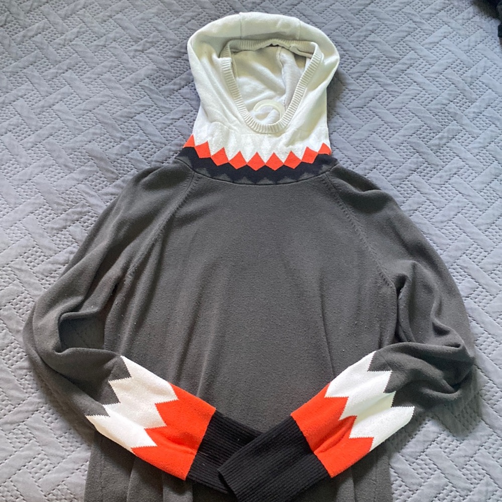 Gap fit sweater with hoodie. Gray with black, white, and orange accents.